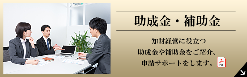 助成金・補助金 知財経営に役立つ助成金や補助金をご紹介、申請サポートをします。"